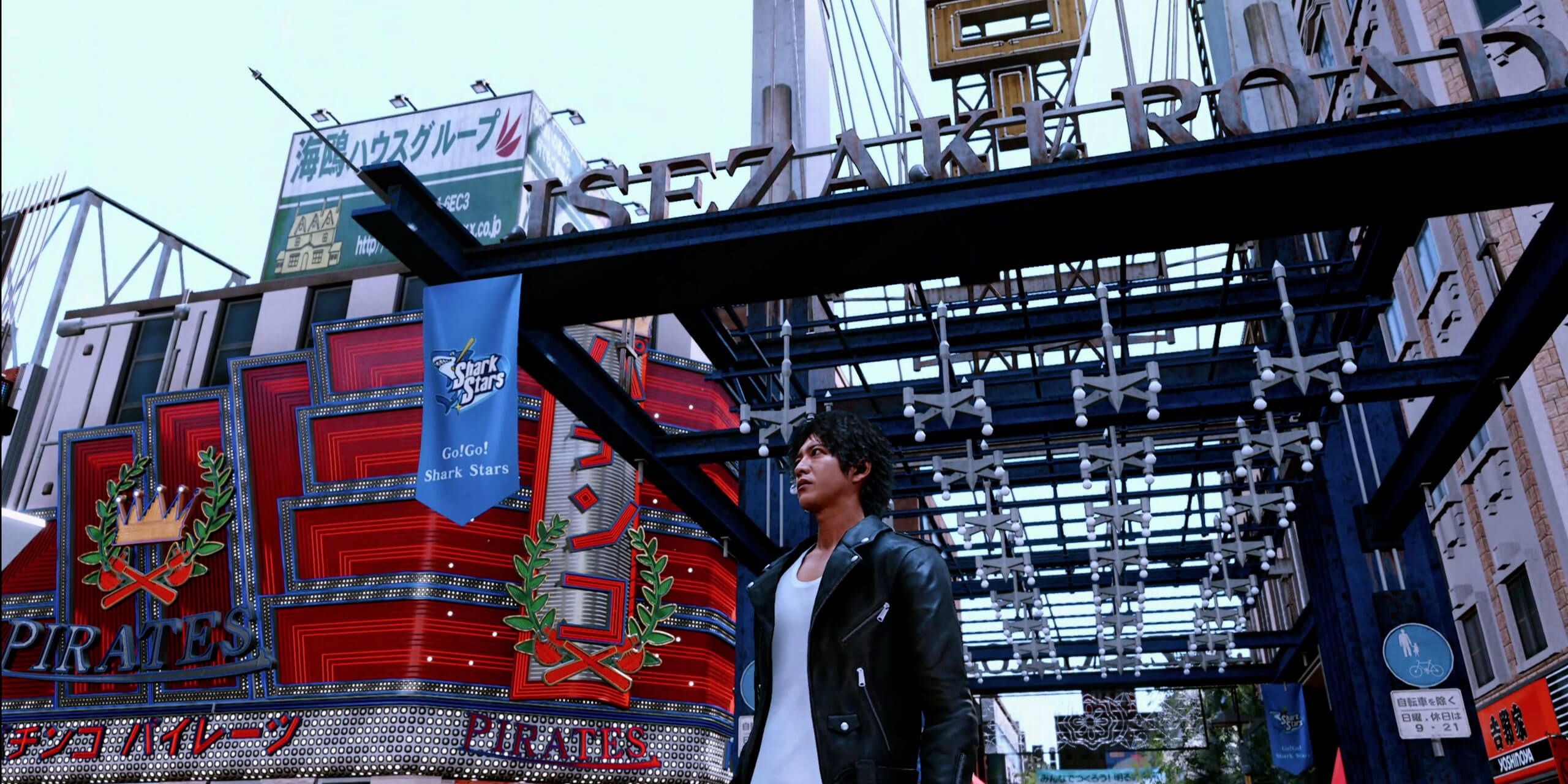 A screenshot showing Ryu at Isezaki Road in Lost Judgment