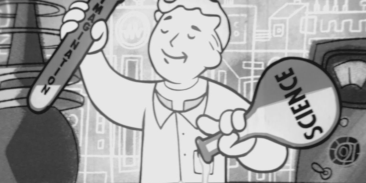 Vault-boy wearing labcoat and pouring a bottle.