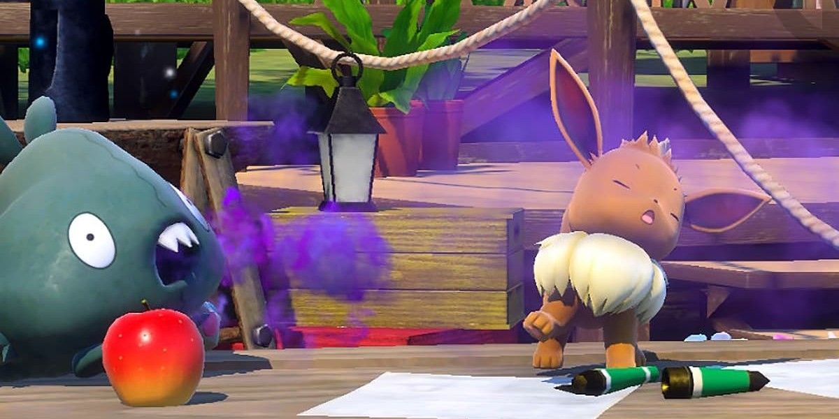 Trubbish spewing purple gas at Eevee.