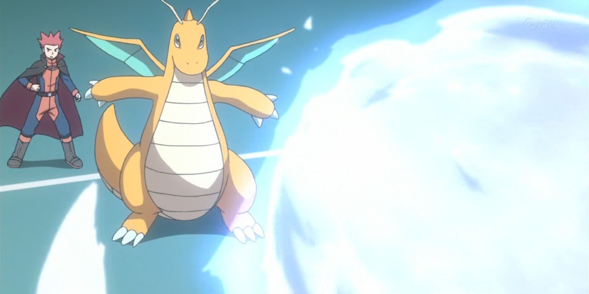 Trainer Lance using Dragonite in a battle with an incoming attack coming in