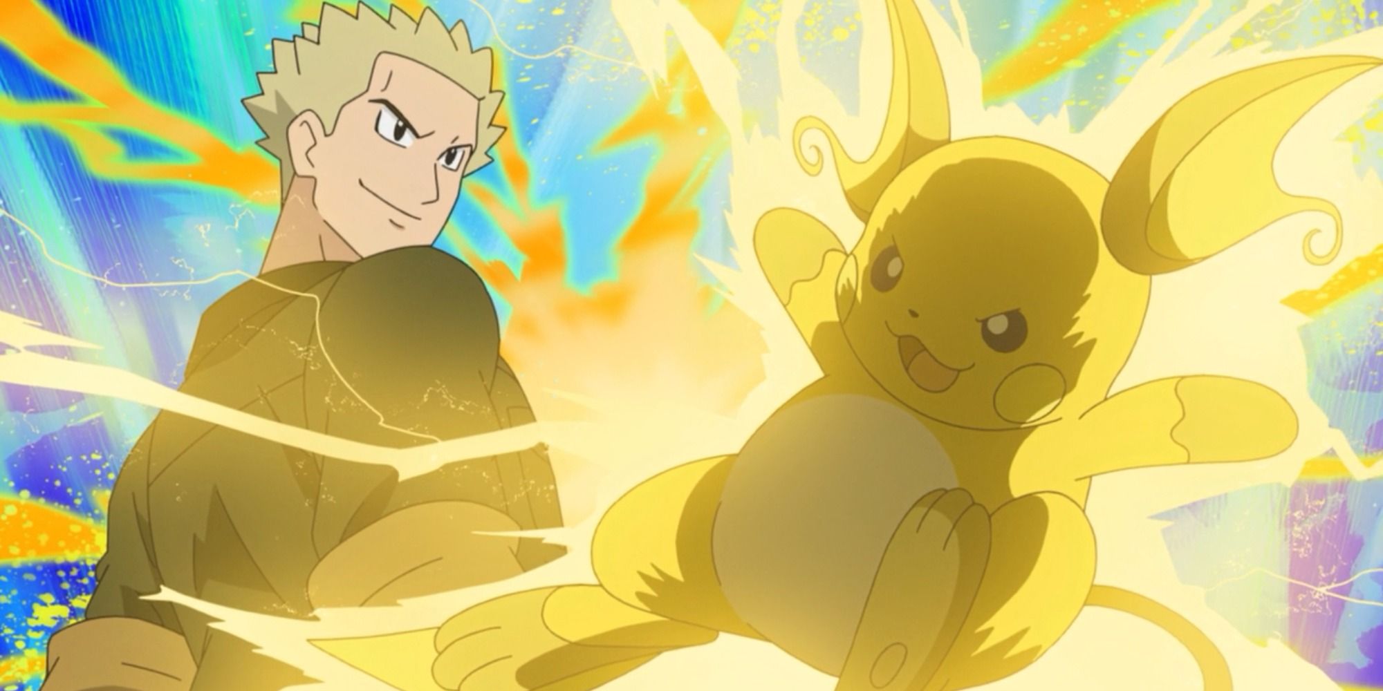 Trainer Lt. Surge and his Raichu showing off with blue background