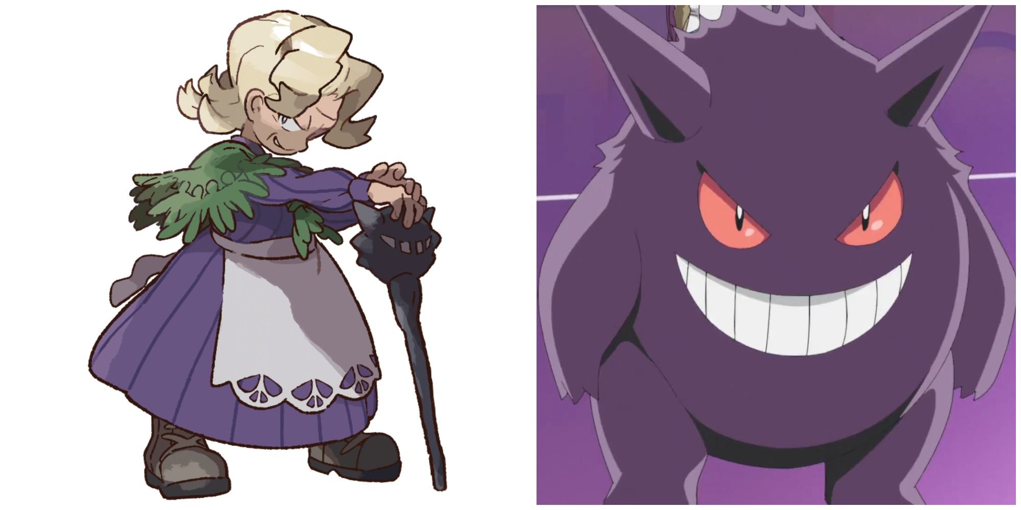 Trainer Agatha trainer art on left with Gengar on right