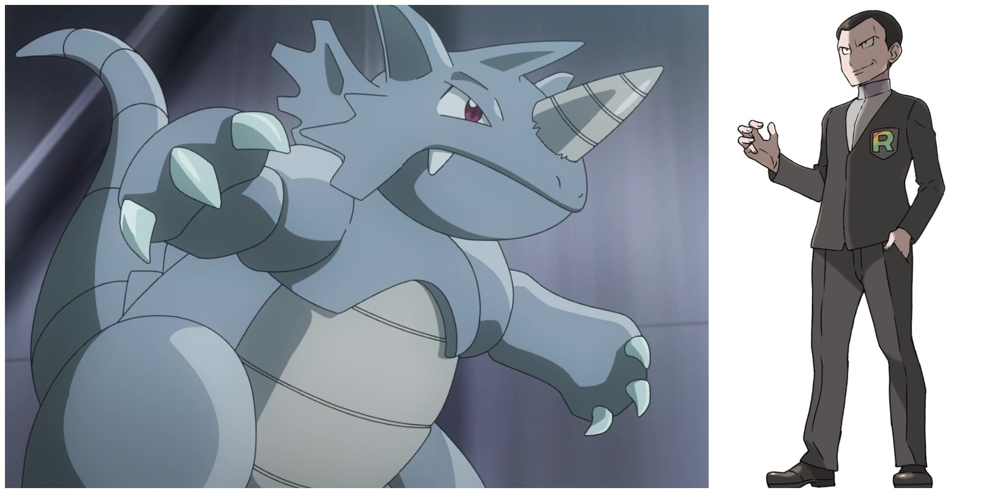 Pokemon Rhydon on left with Trainer Giovanni on right