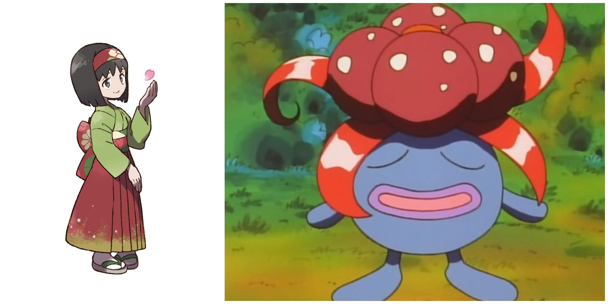 Erika Trainer art on left and Gloom pokemon on right