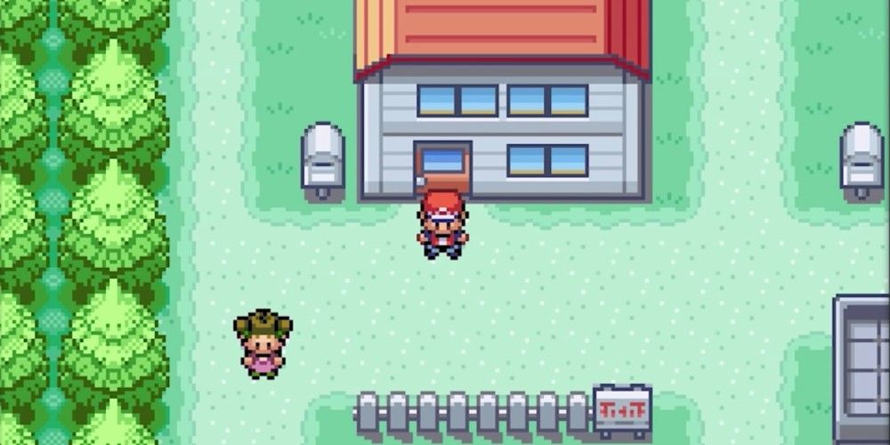 Pokemon protagonist outside house. 