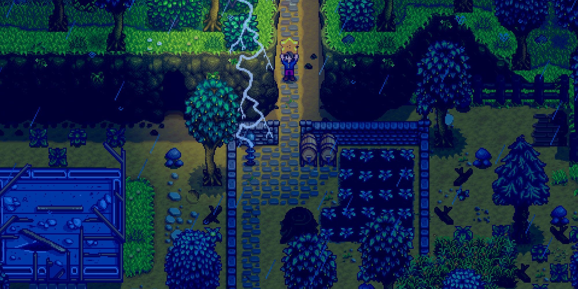 stardew valley gameplay character exploring town at night 