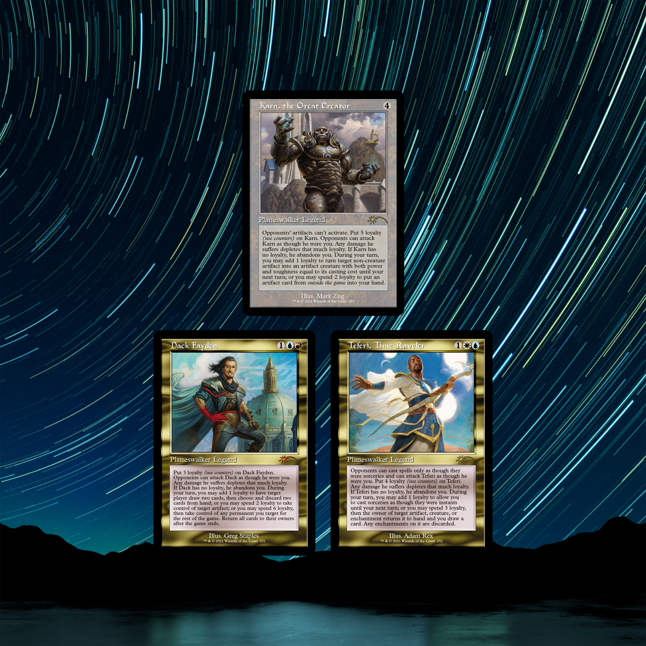 Teferi's Time Trouble, showing Teferi, Time Raveler, Karn the Great Creator and Dack Fayden.