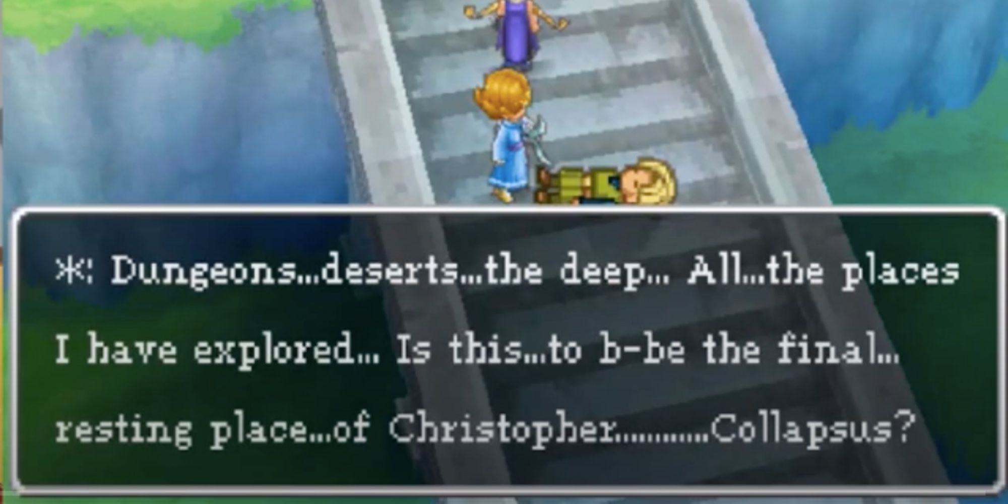the protagonist talking to christopher collapsus in dragon quest 9