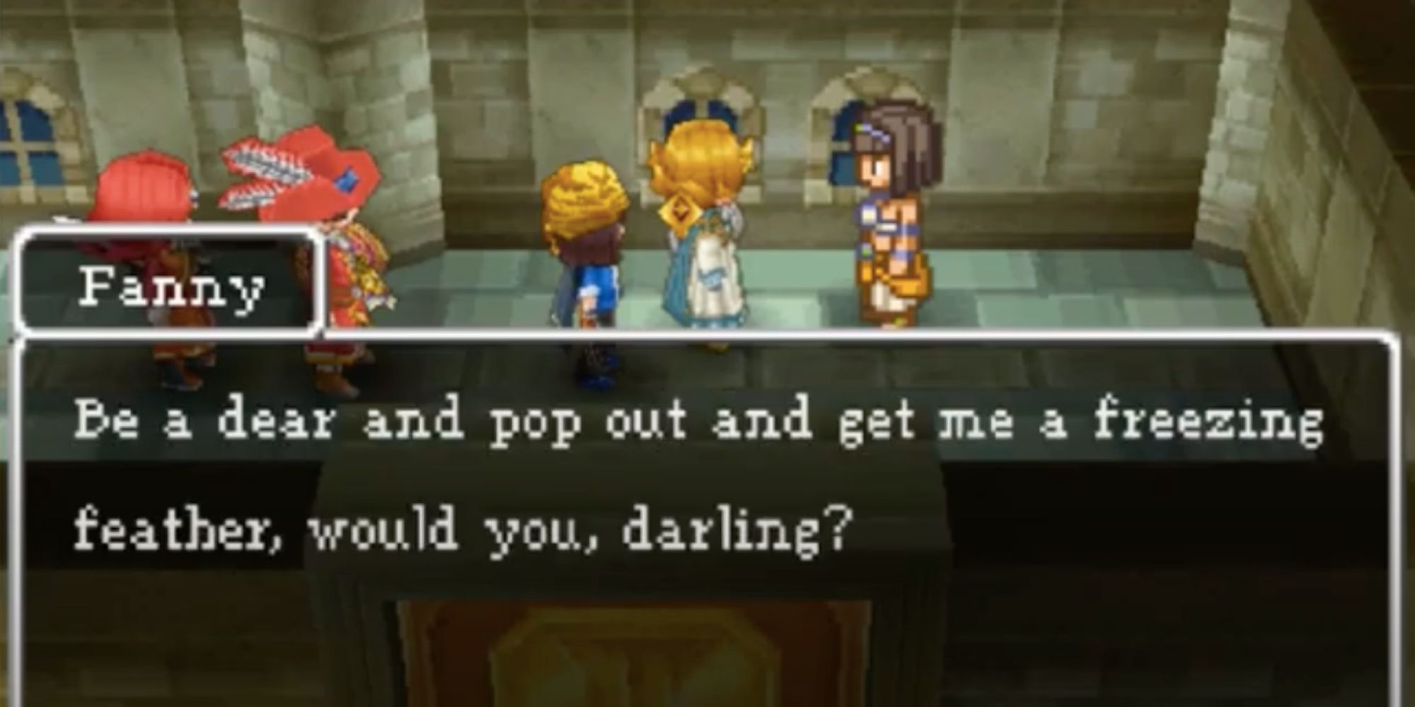 the protagonist talking to fanny about a feather in dragon quest 9