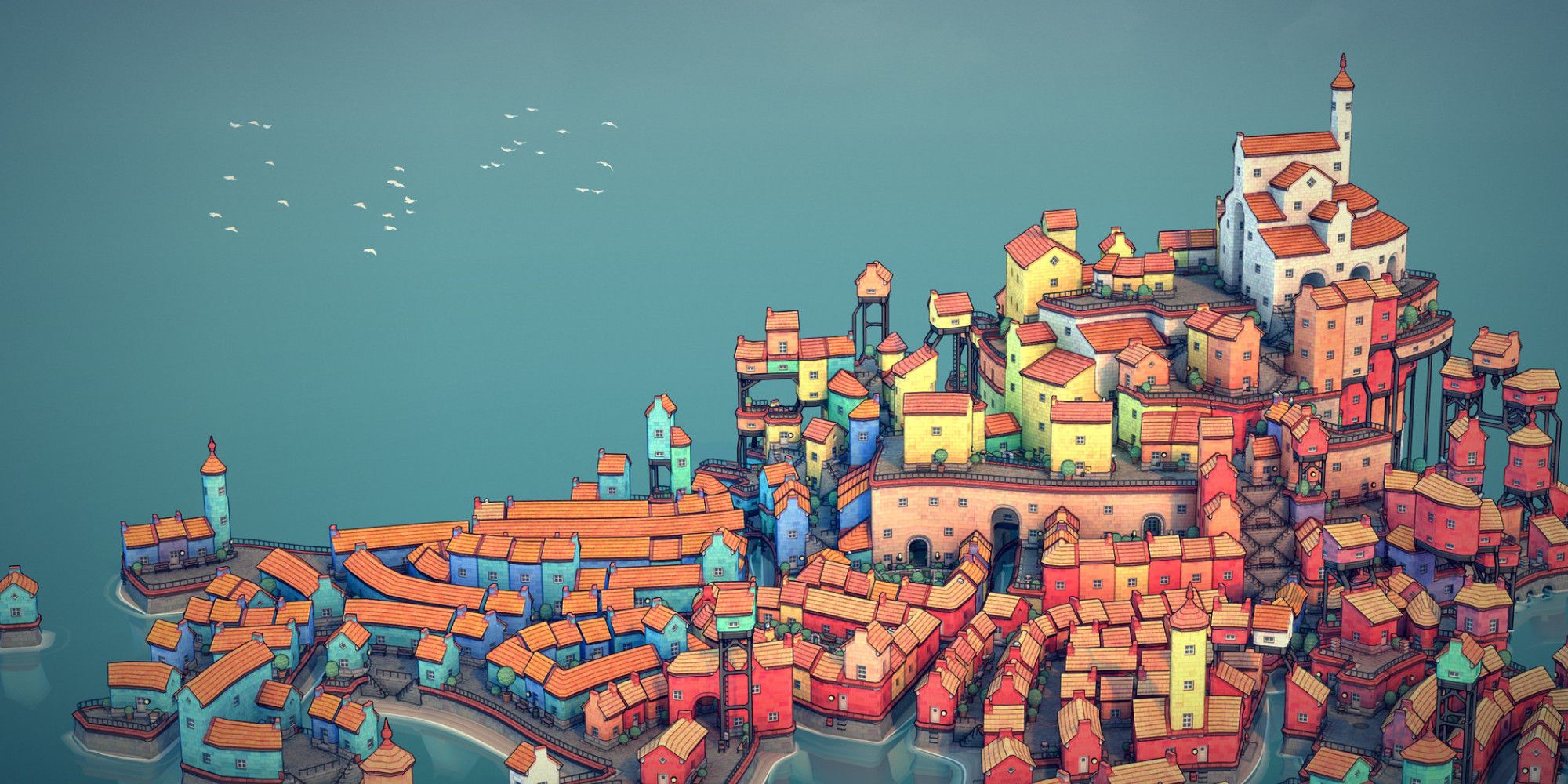 townscaper large island town with a curch on top of a hill