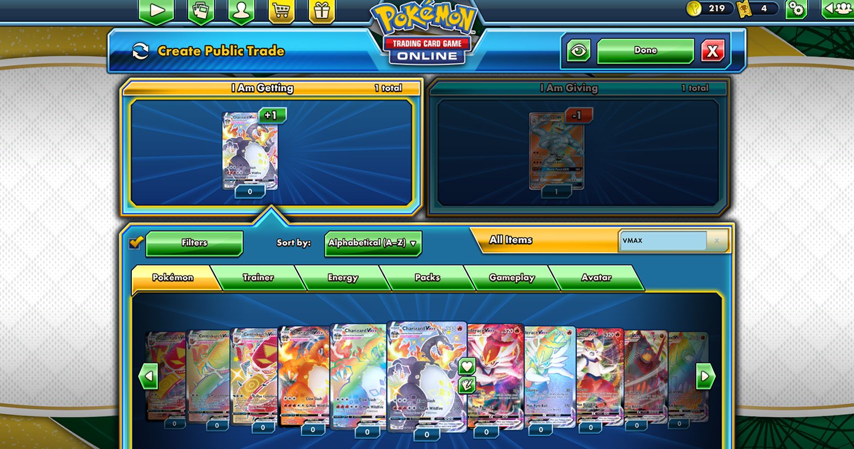 Trading screen for TCG Online