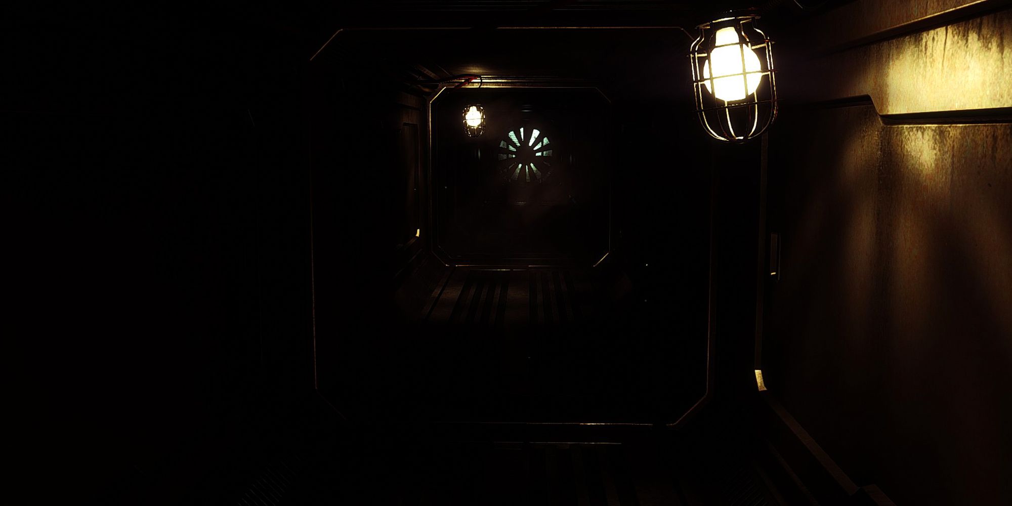Alien Isolation. Shot of the darkness pouring into a vent. Lighting from a lamp is prominent.