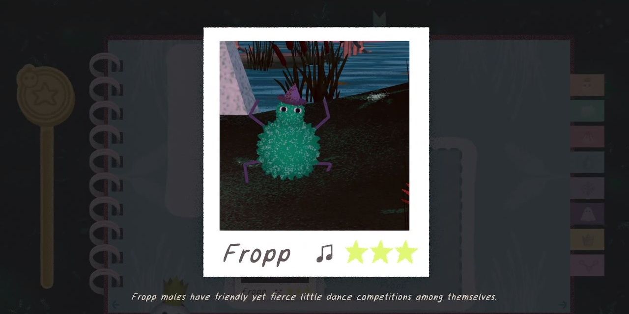 A photo of Fropp, a blue fuzzy creature with a purple pointy hat, dancing