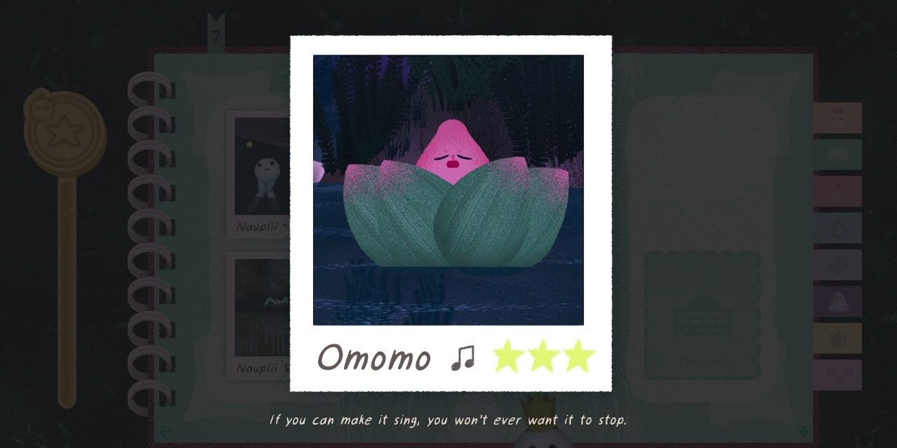 A photo of a creature with a white head poking out of a leafy bulb, singing, called Omomo