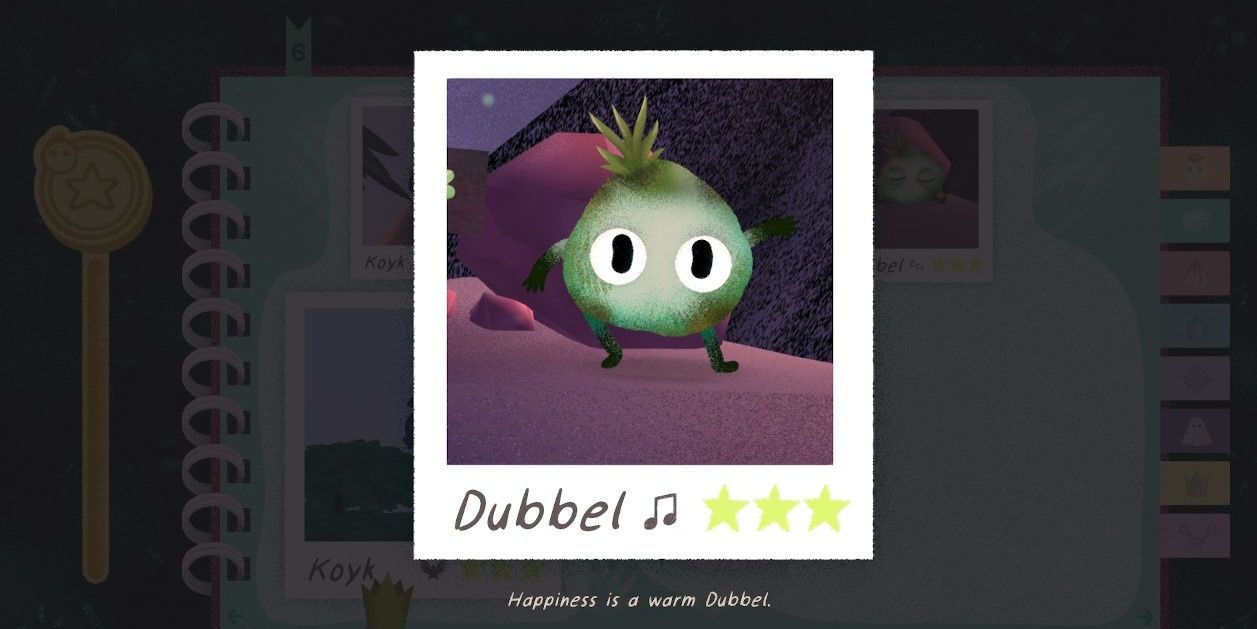 A photo of a small round green creature with huge eyes and a leafy head, called Dubbel