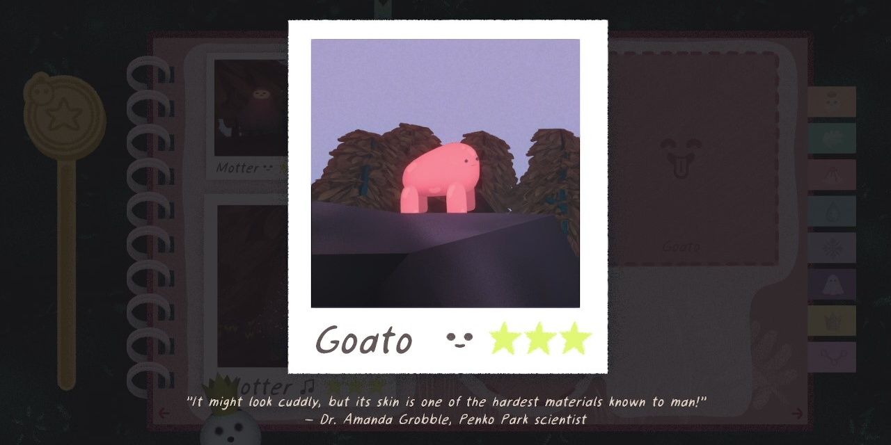 A photo of a very rounded, white creature called Goato, standing off on a mountain far away