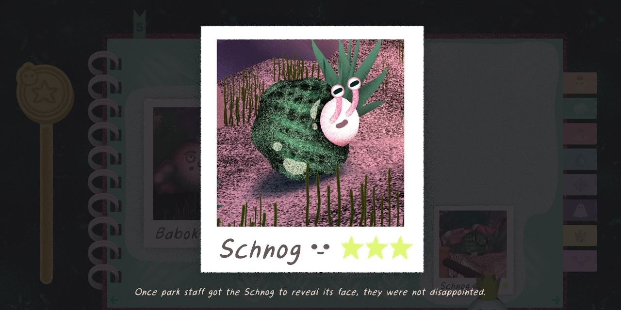 A photo of a snail-like creature called Schnog, looking sleepy and happy