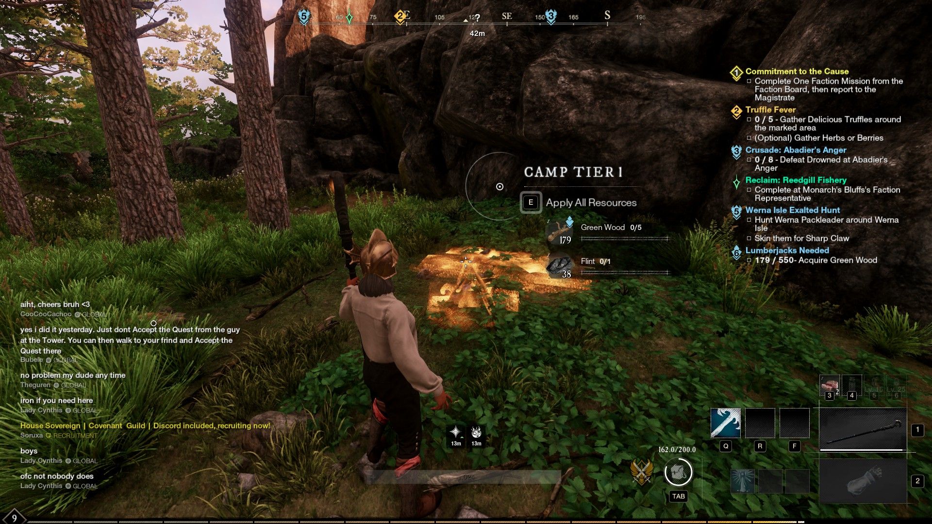 New World woman standing by a camp