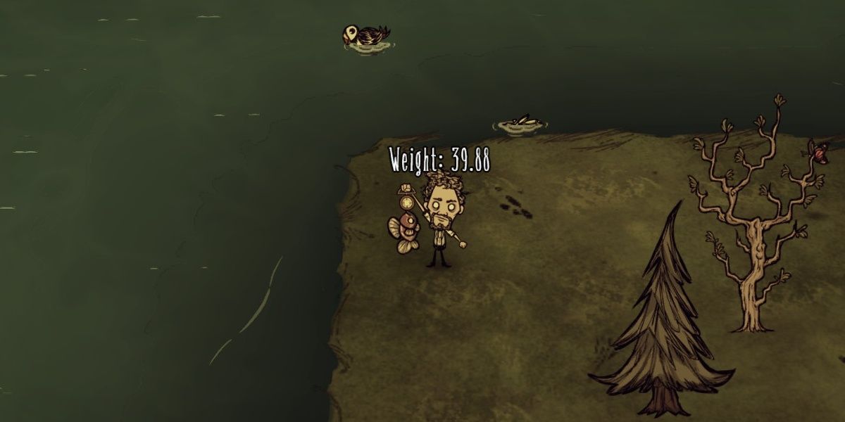 Don't Starve Together Warly Holding Bitty Baitfish by the Ocean