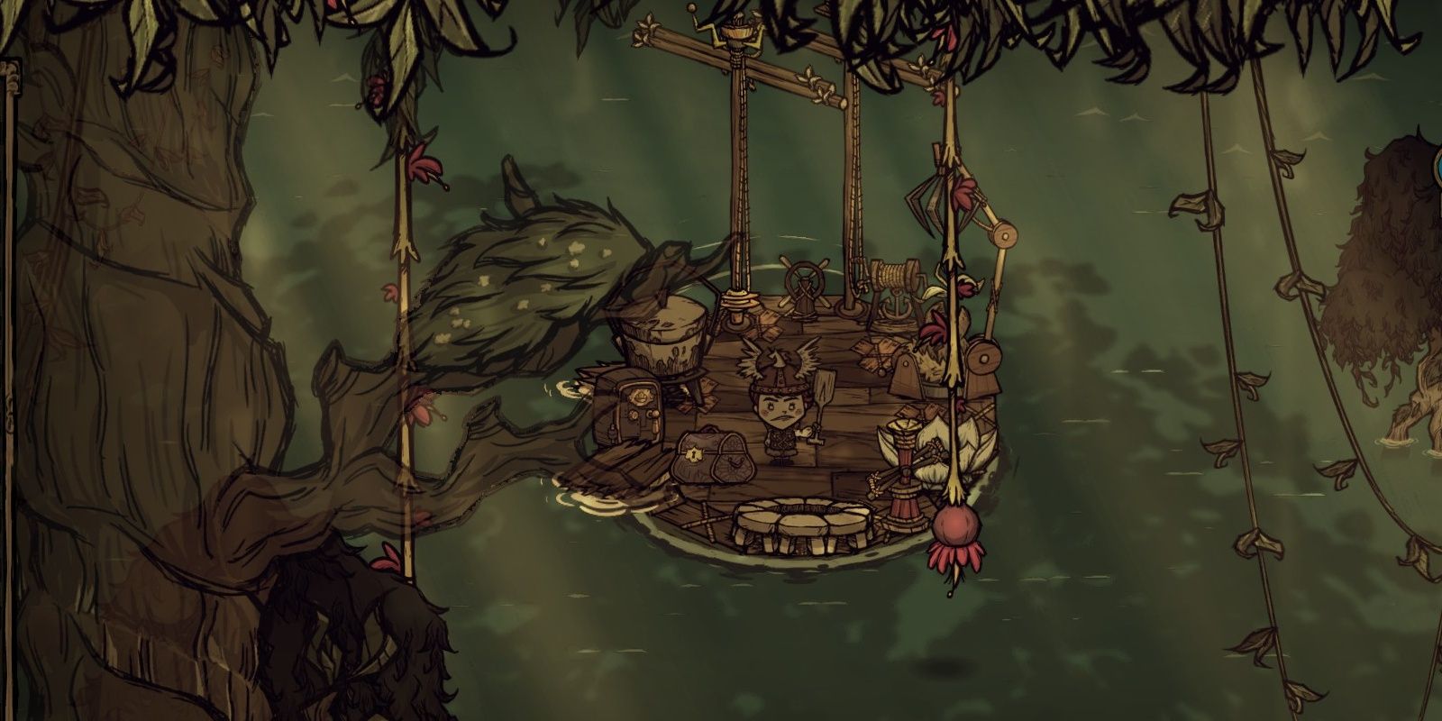 Don't Starve Together Wigfrid Rowing In Waterlogged Biome Near Great Tree Trunk And Mossy Vine
