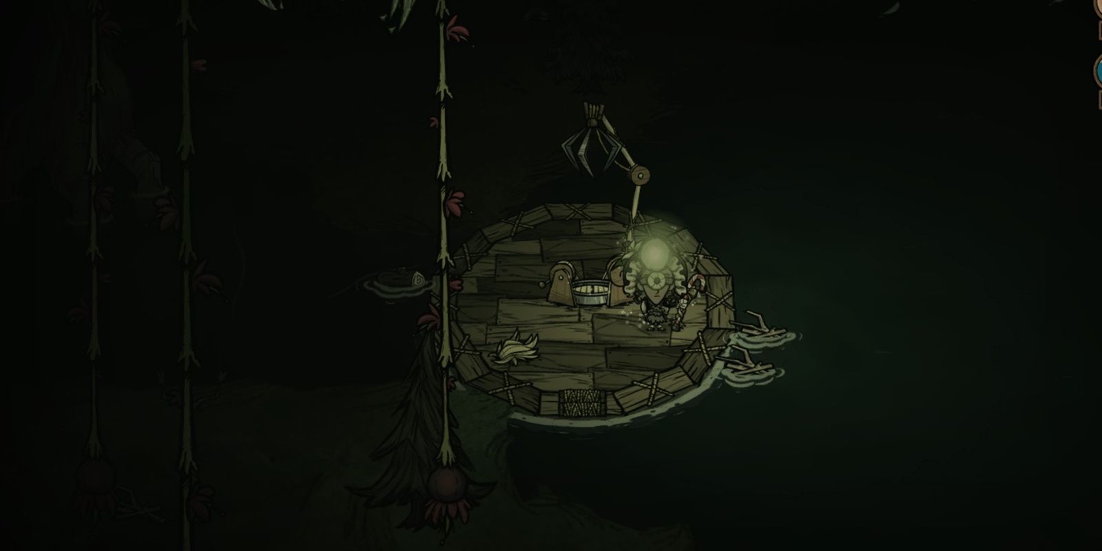 Don't Starve Together Wanda At Night On a Boat In Waterlogged Biome Wearing Headlamp