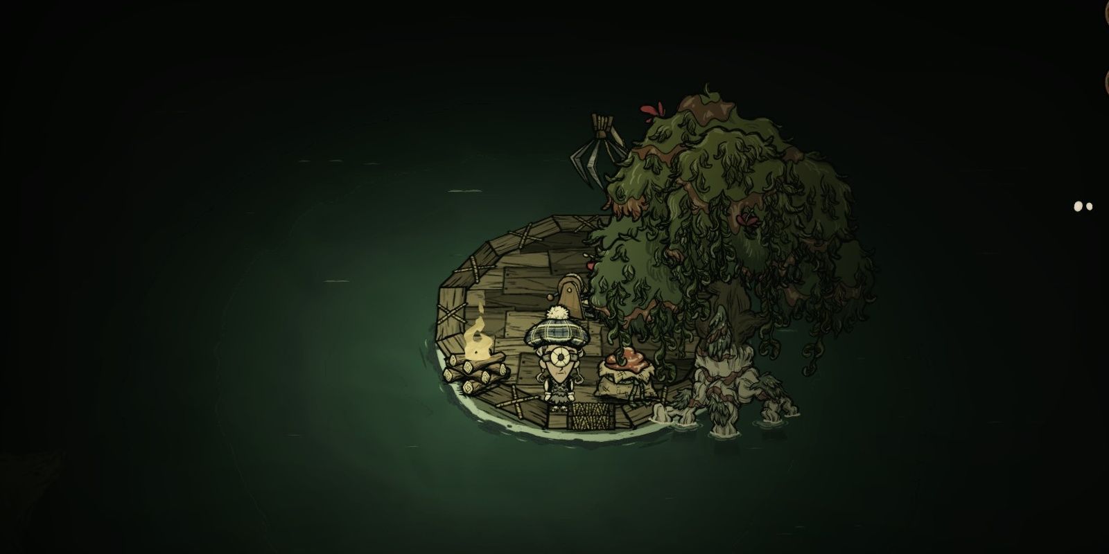 Don't Starve Together Wanda At Night On a Boat With Above Average Tree And Tree Jam Near Fire