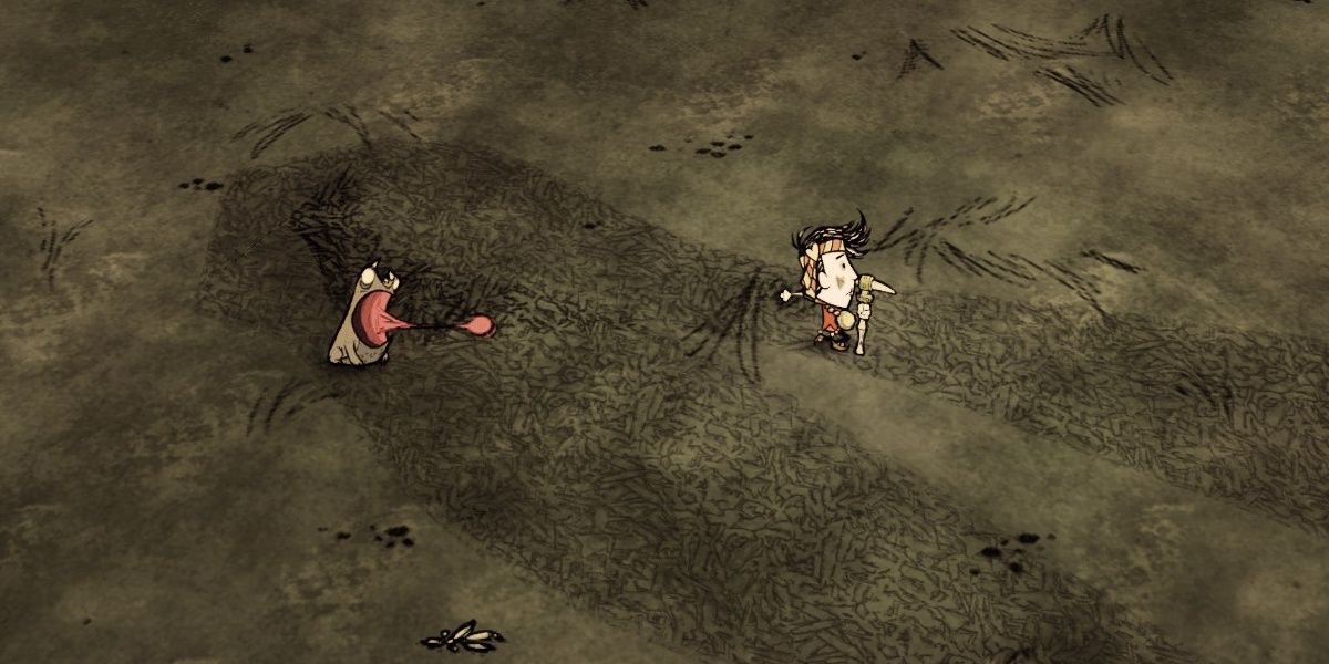 Don't Starve Together Wes Running From Attacking Frog Carrying Walking Cane