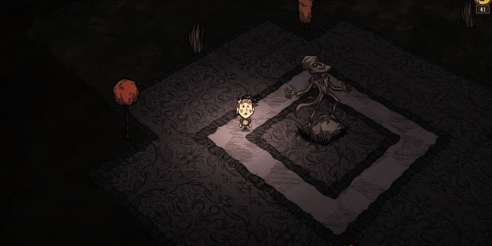 Don't Starve Together Wes Wearing Magiluminescence At Night Near Maxwell Statue