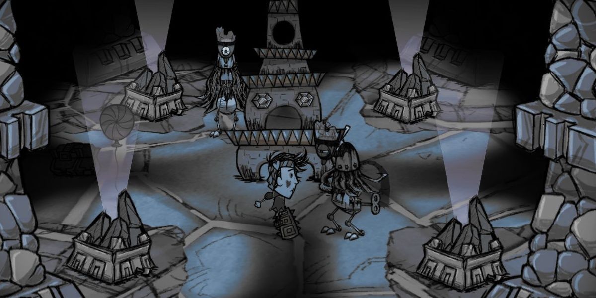 Don't Starve Together Wes Attacking Bishop In Ruins With Thulecite Club