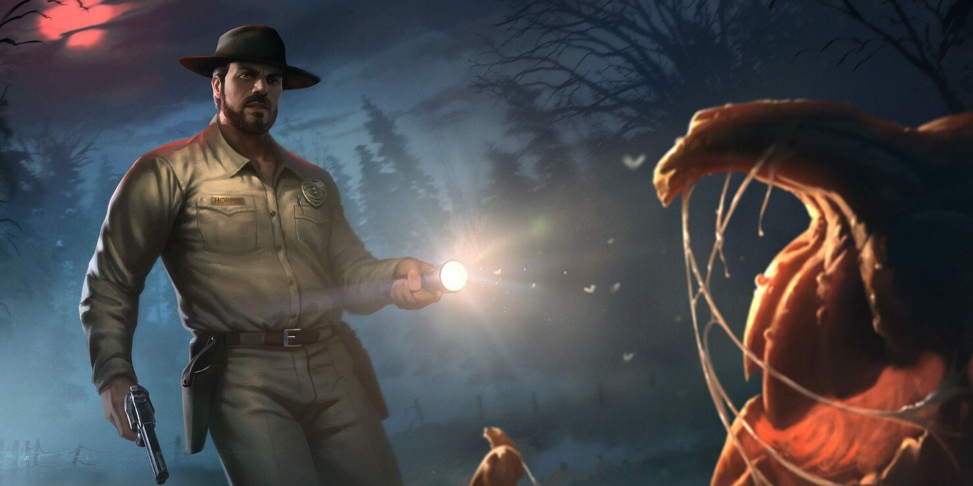 Stranger Things Smite crossover official game artwork jim hopper weapon and flashlight in hands 