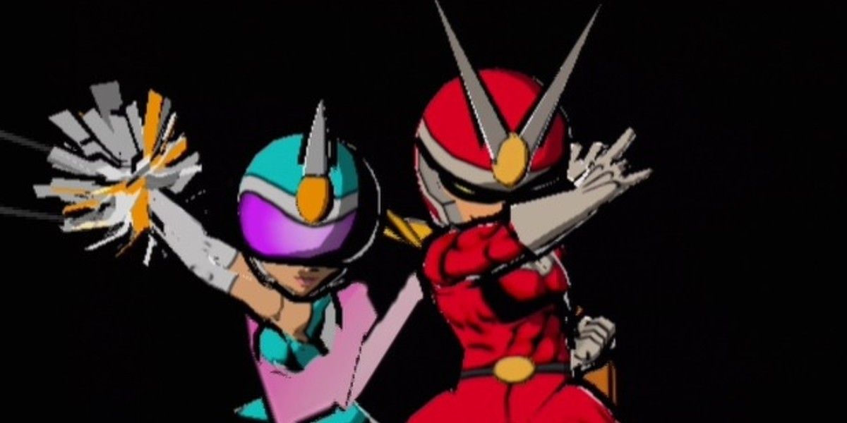Two characters in superhero outfits. 