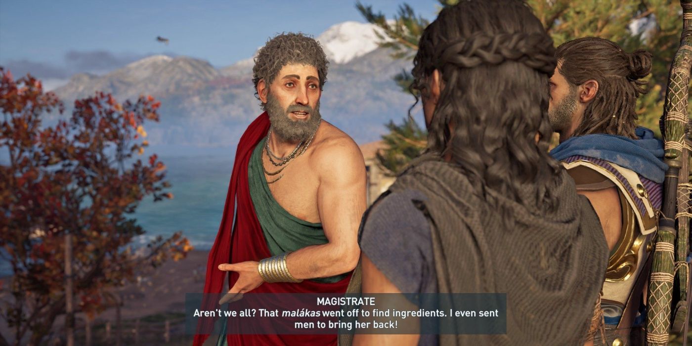 Alexios and Neema talk to Potidaia Village's Magistrate