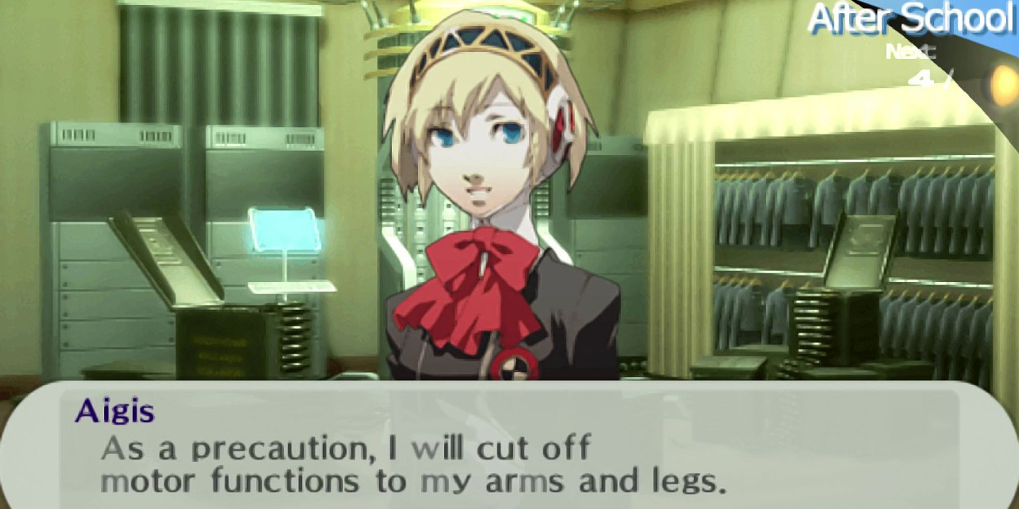 Persona Aigis. Text box reading "As a precaution, I will cut off motor functions to my arms and legs."