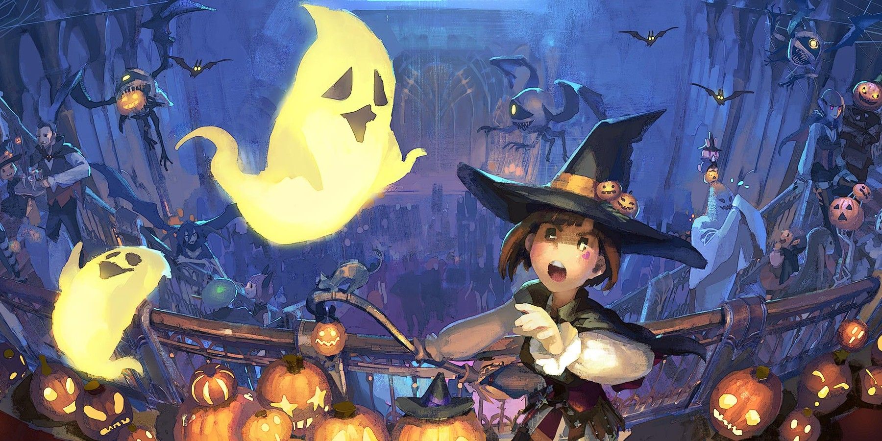 Character with ghosts and jack-o-lanterns in mansion. 