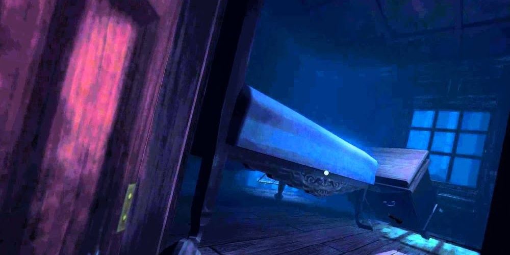 A Screenshot of A Bed Through A Doorway In Among The Sleep 