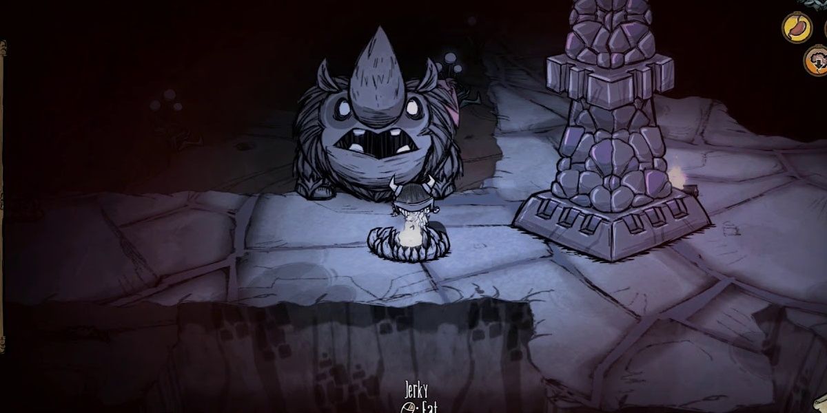 Don't Starve Together Ancient Guardian Fighting Wigfrid in the Ruins near a Firepit