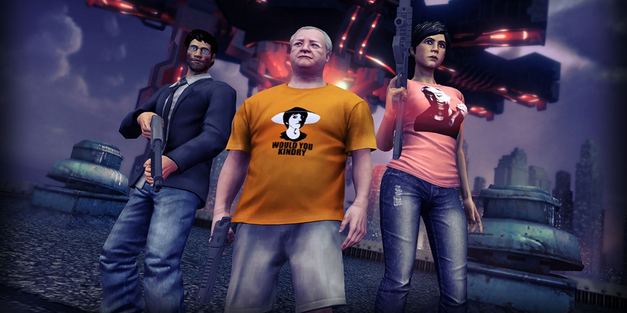Ashly Burch and other homies holding guns in Saints Row 4.