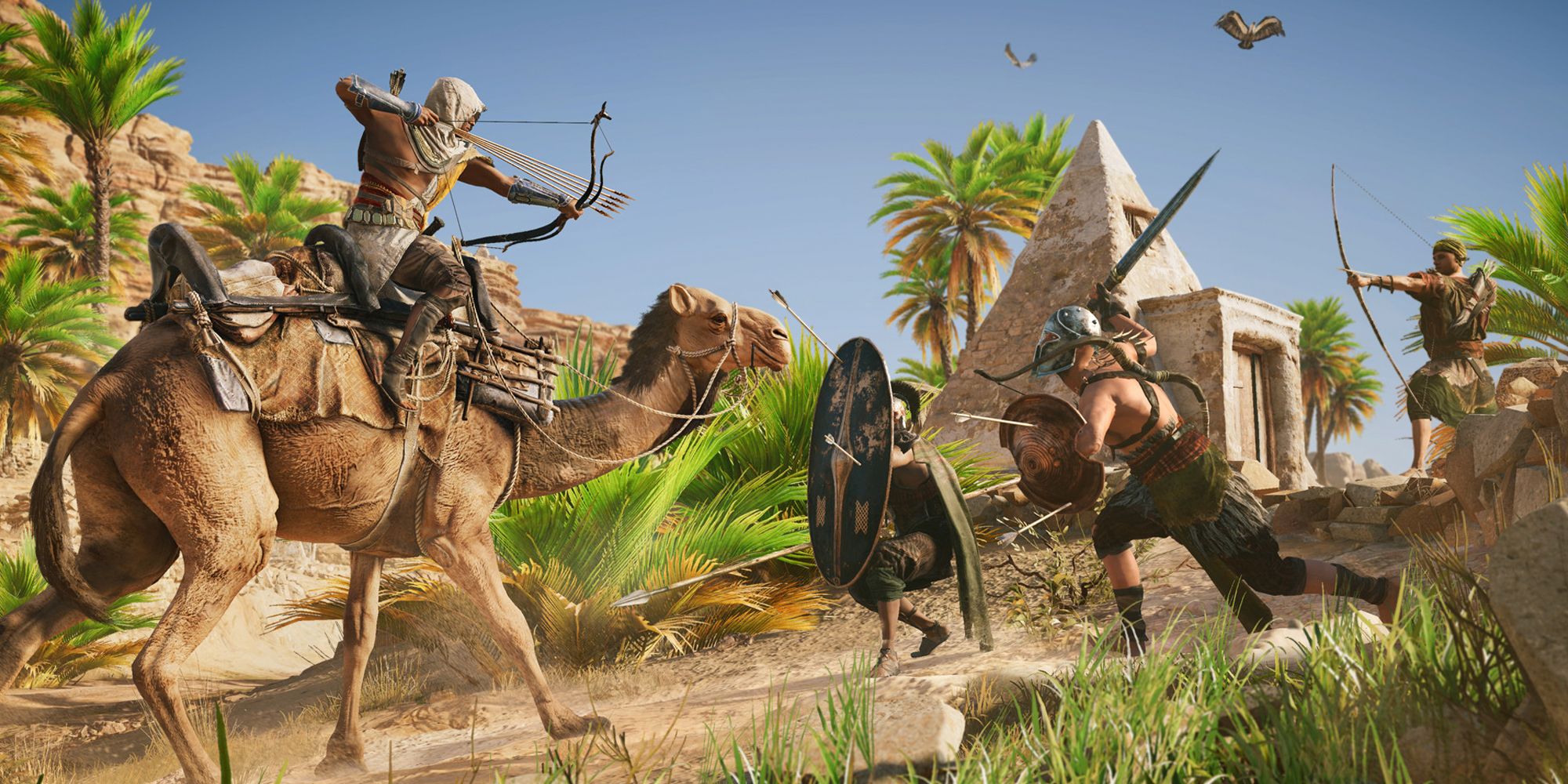 Assassins Creed Origins. Bayek riding a camel and aiming bow at enemies. Taking place in Egypt.