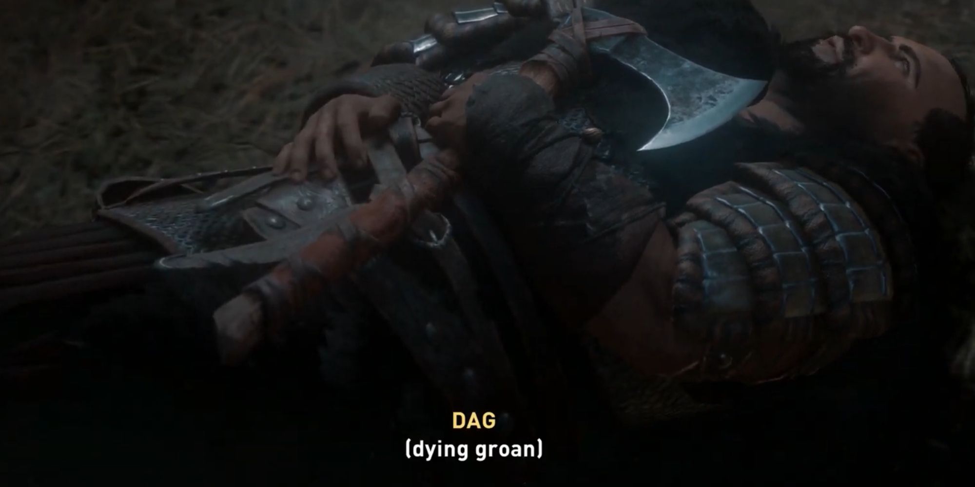 Assassin's Creed Valhalla Screenshot Of Dag's Death With An Axe In HIs Arms