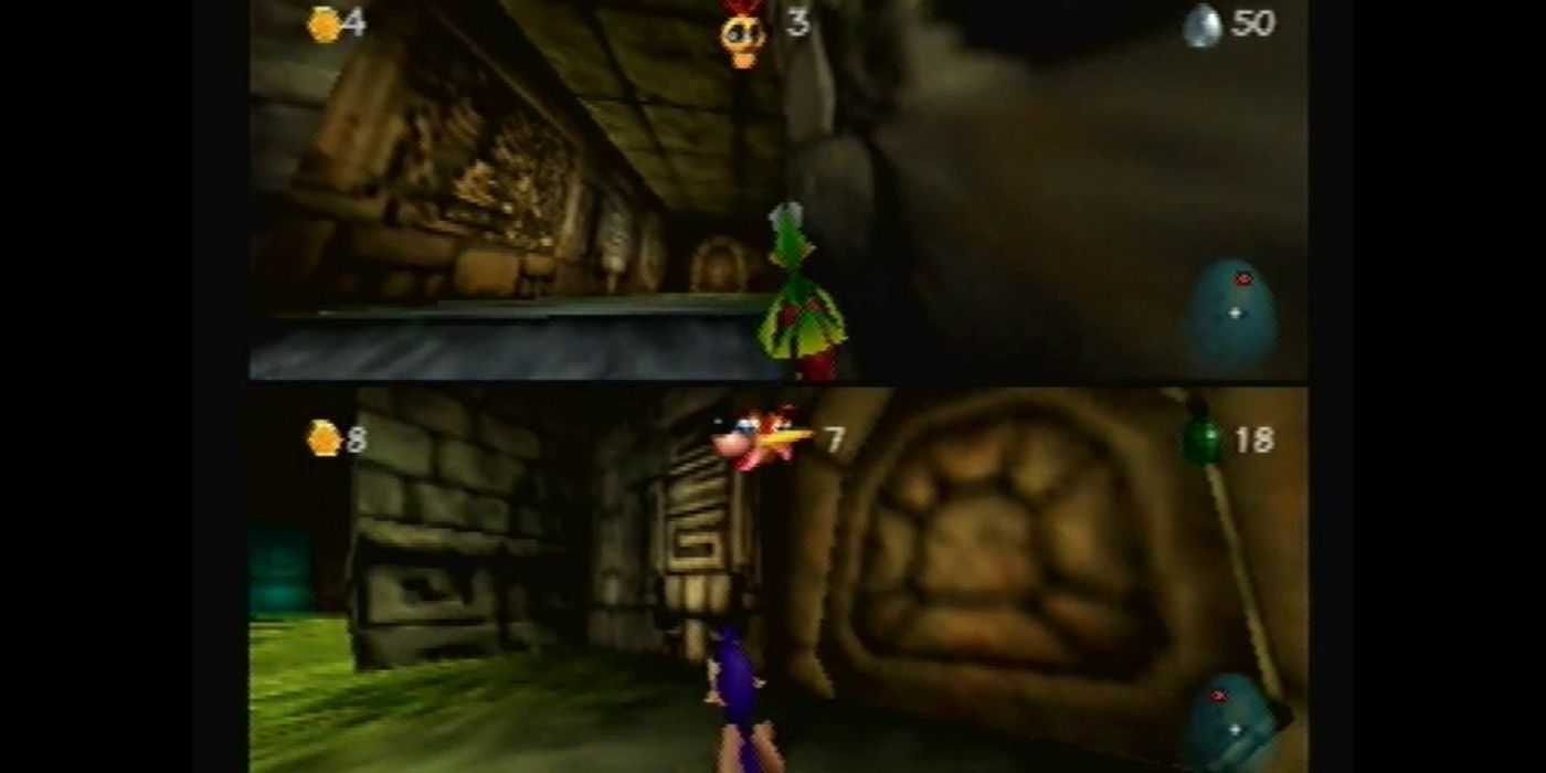 Two players duke it out in a game of squakmatch in Banjo-Tooie's multiplayer