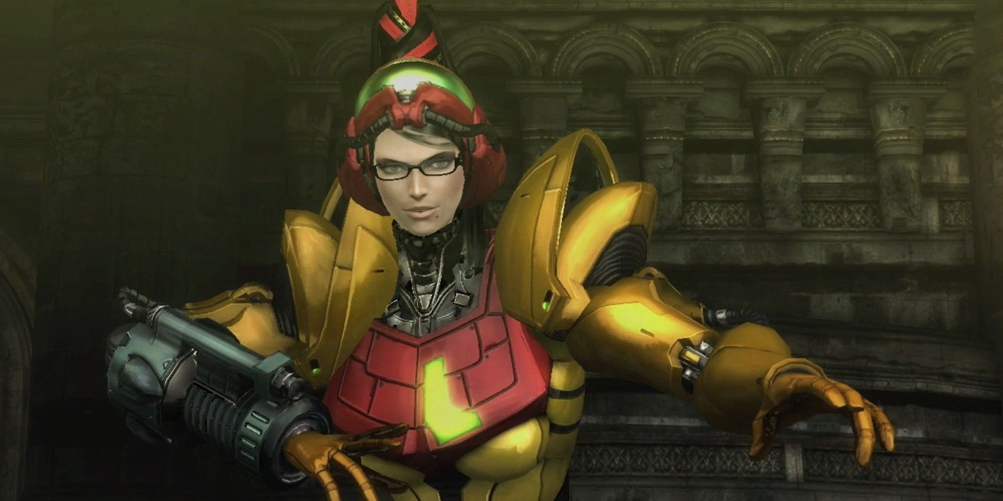 Bayonetta wearing the samus outfit with her old hairstyle
