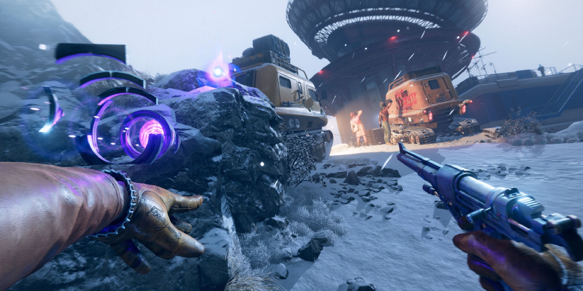 Best Games Like Lemnis Gate a wide shot of Colt Vahn from Deathloop's first-person perspective with a pistol in his right hand and a floating purple stones on his left arm in a snowy environment with a tower and enemies in the distance