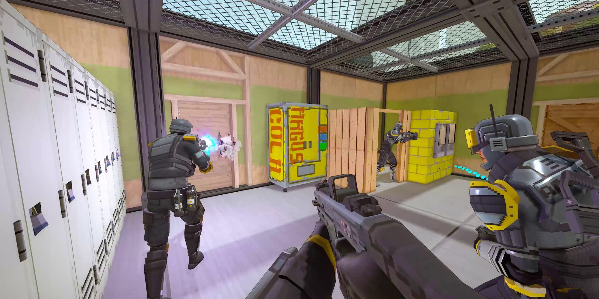 Best Games Like Lemnis Gate mid shot of first-person perspective of soldiers running through a locker-room with lockers on the left and a vending machine in the distance 