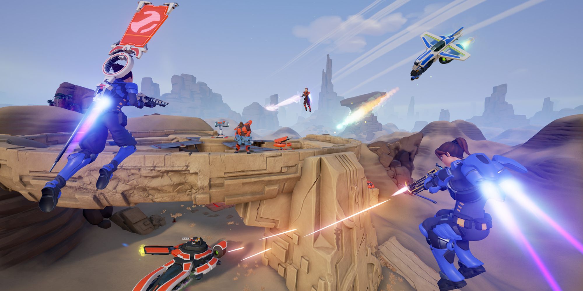 Best Games Like Lemnis Gate a wide shot of a group of blue and red soldiers with jetpacks firing at one another in a desert with one on the left holding a red flag on her back