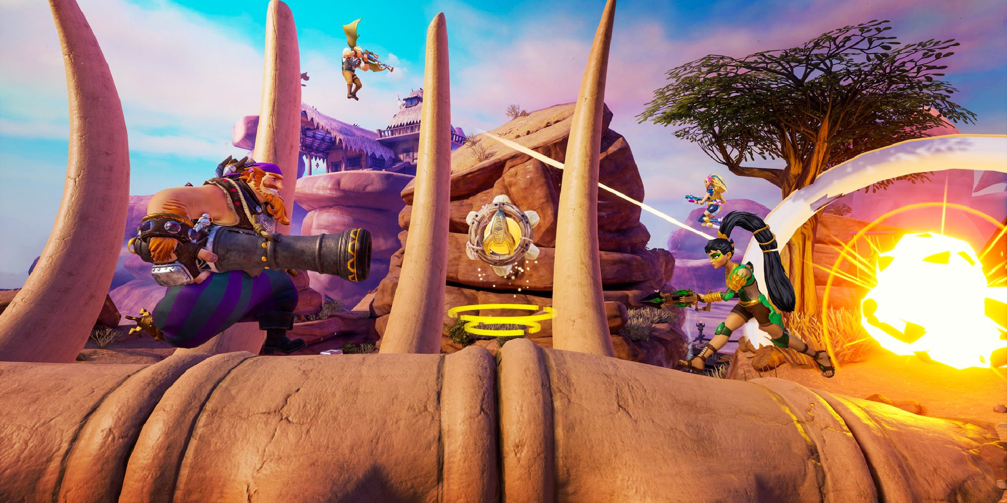 Best Games Like Lemnis Gate wide shot of Blastbeard and Izell from Rocket Arena running along dinosaur bones firing rockets at each other with other characters fighting in the distance