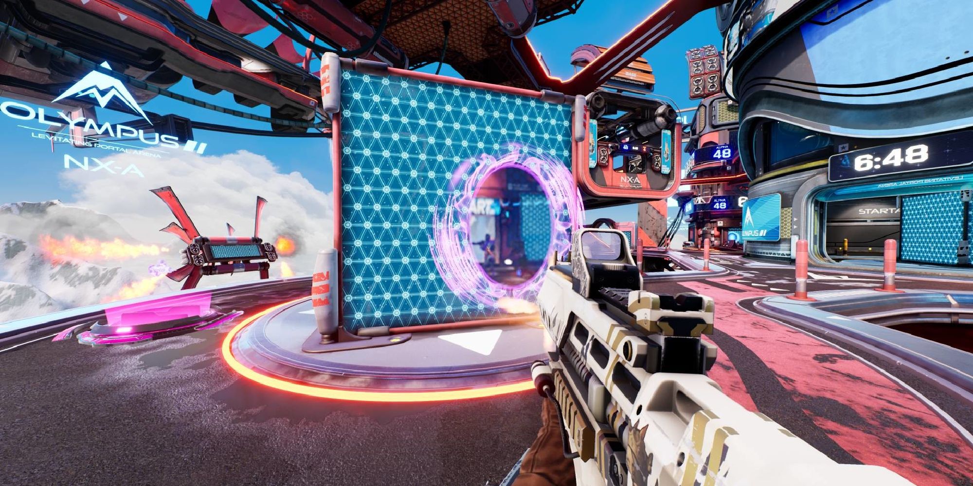 Best Games Like Lemnis Gate mid shot of a first-person perspective with a white rifle on the right opposite a blue wall with a purple portal on it against a cloudy sky backdrop