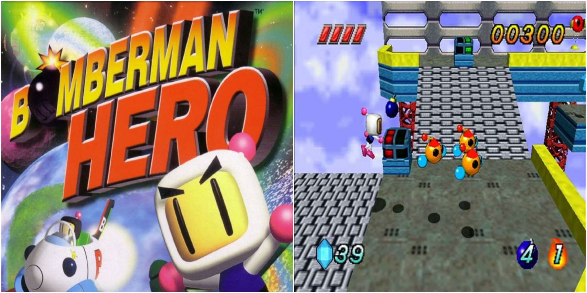 Bomberman Hero Cover with Bomberman and black Bomberman, and gameplay featuringchasing enemies