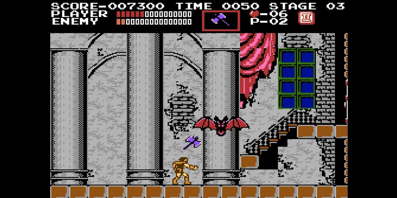 Castlevania Simon Belmont throwing an axe at a bat