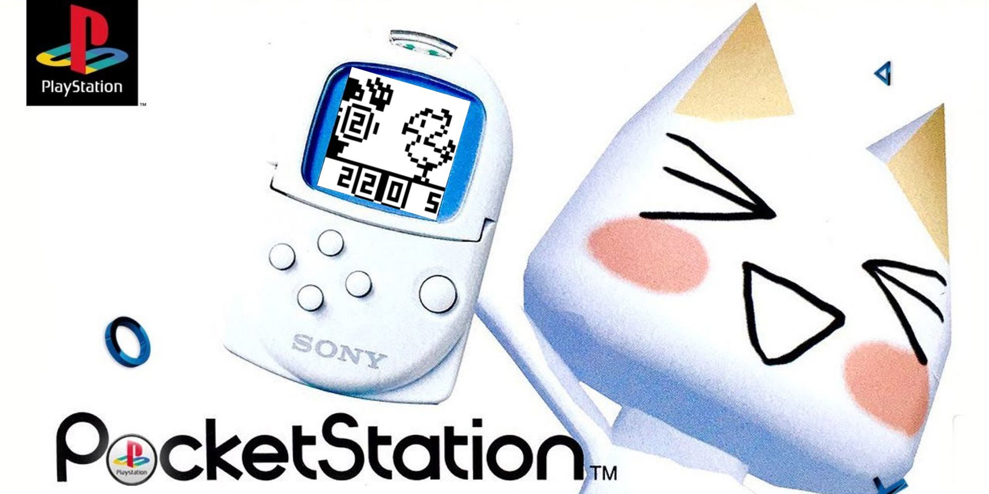 A CGI cat mascot holds up a Sony Pocketstation, with a screenshot of Chocobo World edited onto the screen