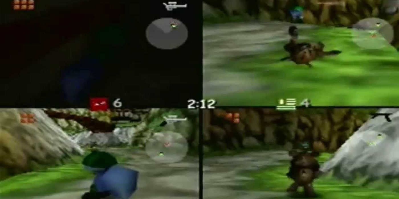 Four players play some 2 -on-2 multiplayer in Conker's Bad Fur Day